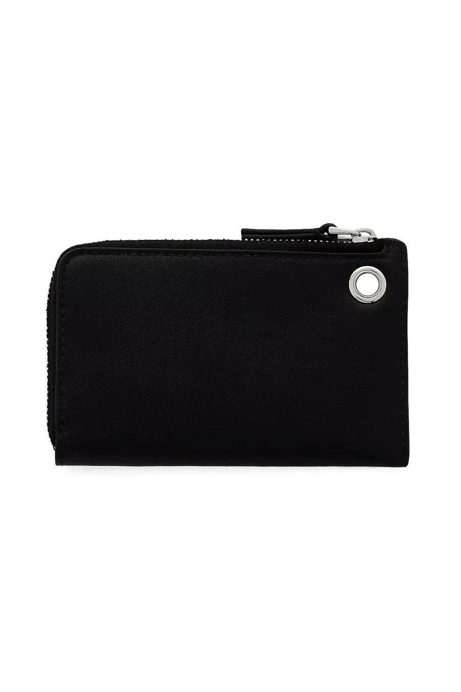 Marc Jacobs women’s black leather zippered wallet with silver zipper pull and circular front grommet