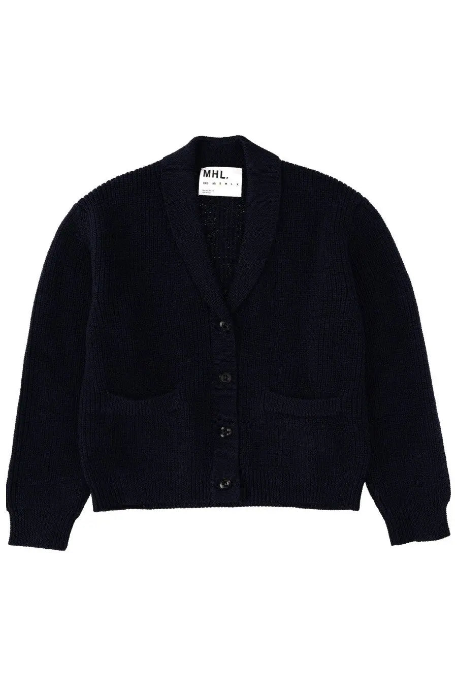 Margaret Howell women’s black ribbed knit cardigan with shawl collar and front button closure in mhl blue
