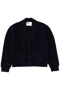 Margaret Howell women’s black ribbed knit cardigan with shawl collar and front button closure in mhl blue