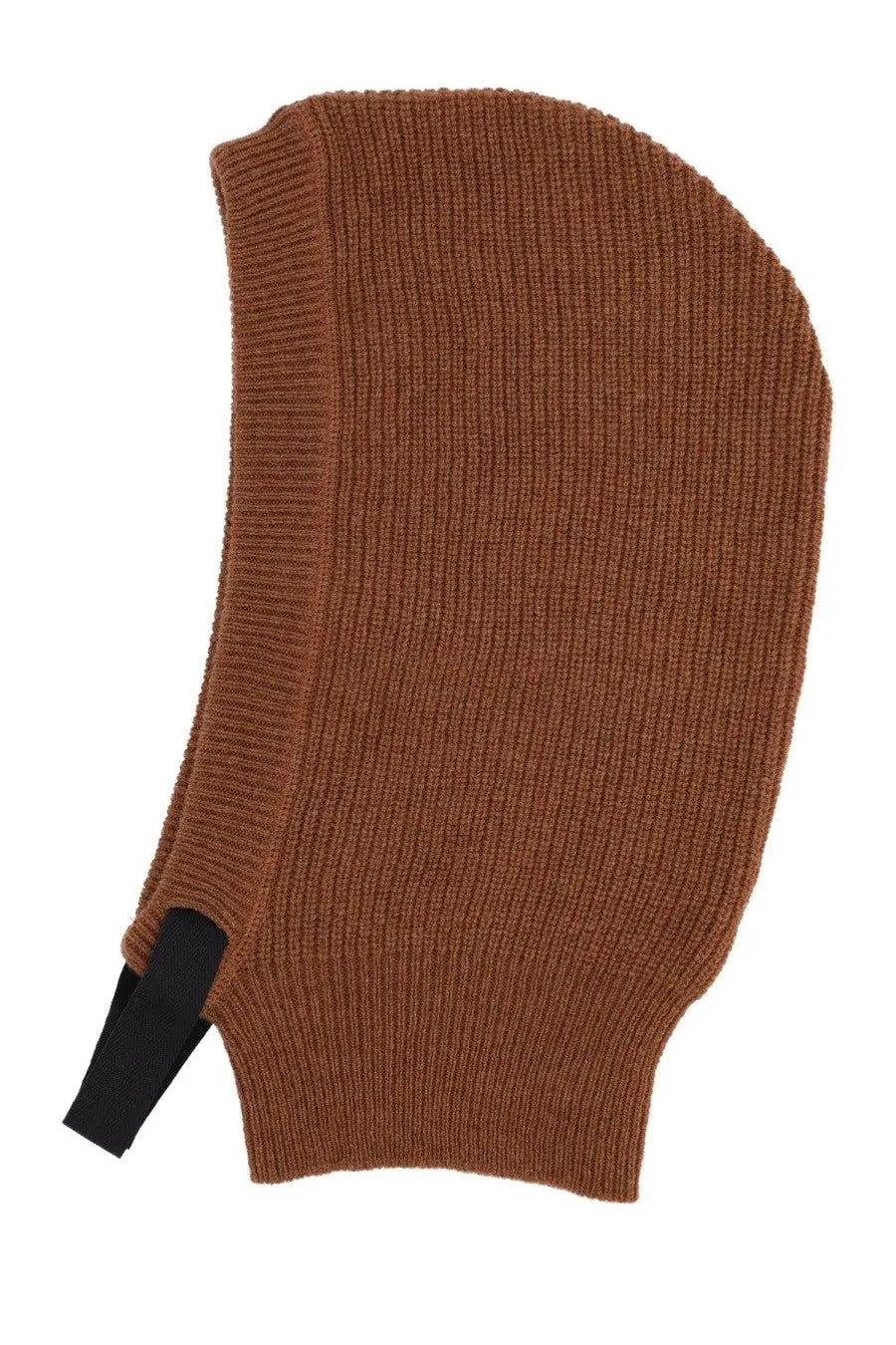 Margaret Howell women’s knitted hood in brown ribbed knit with a black elastic strap balaclava style