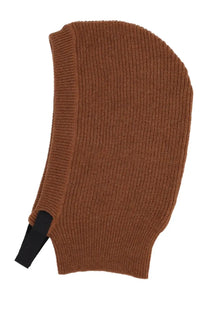 Margaret Howell women’s knitted hood in brown ribbed knit with a black elastic strap balaclava style