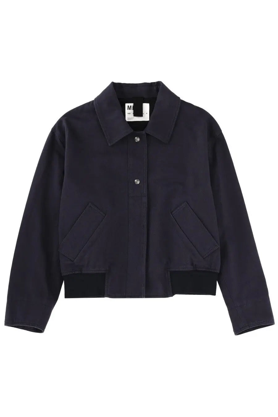 Margaret Howell women’s mhl black cotton bomber jacket with classic collar front button closure and two slanted pockets