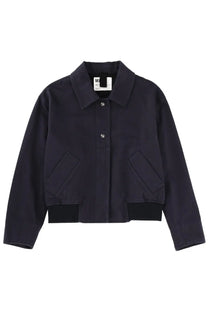 Margaret Howell women’s mhl black cotton bomber jacket with classic collar front button closure and two slanted pockets