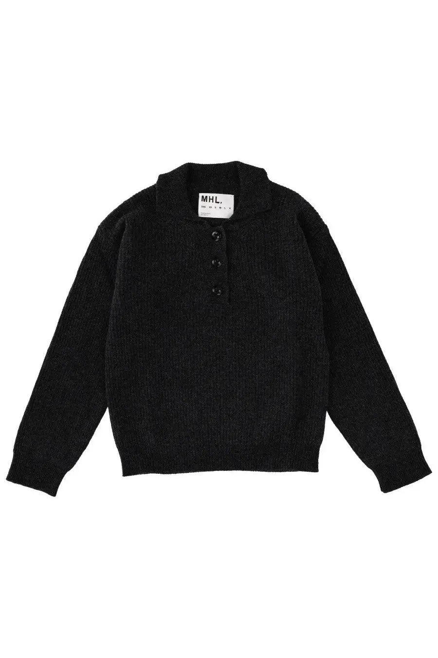 Black textured knit sweater with collar and three buttons from Margaret Howell womens polo mhl grey collection