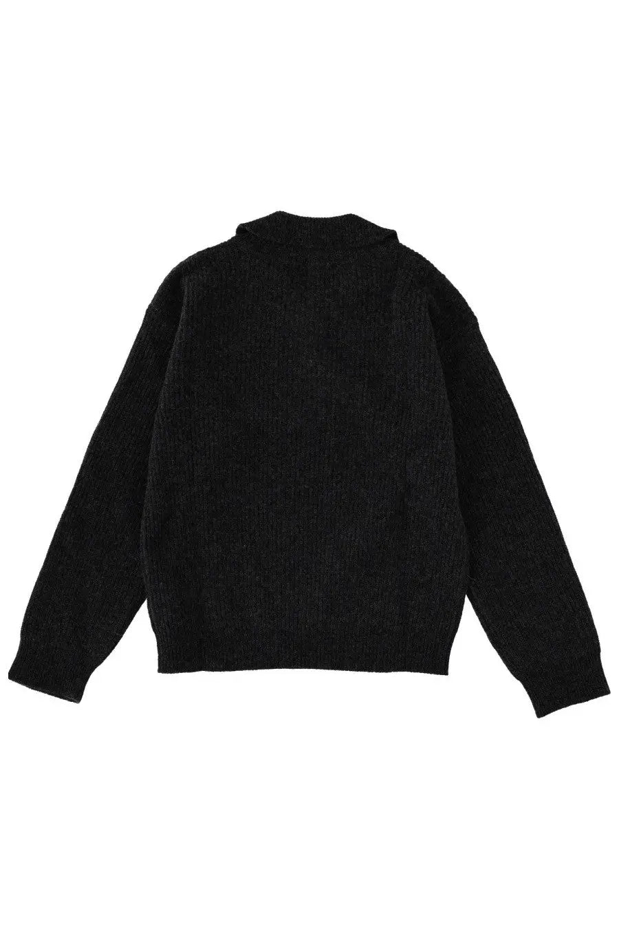 Margaret Howell women’s polo mhl grey black textured knit sweater with ribbed collar and cuffs visible from the back