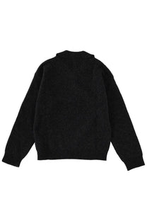 Margaret Howell women’s polo mhl grey black textured knit sweater with ribbed collar and cuffs visible from the back