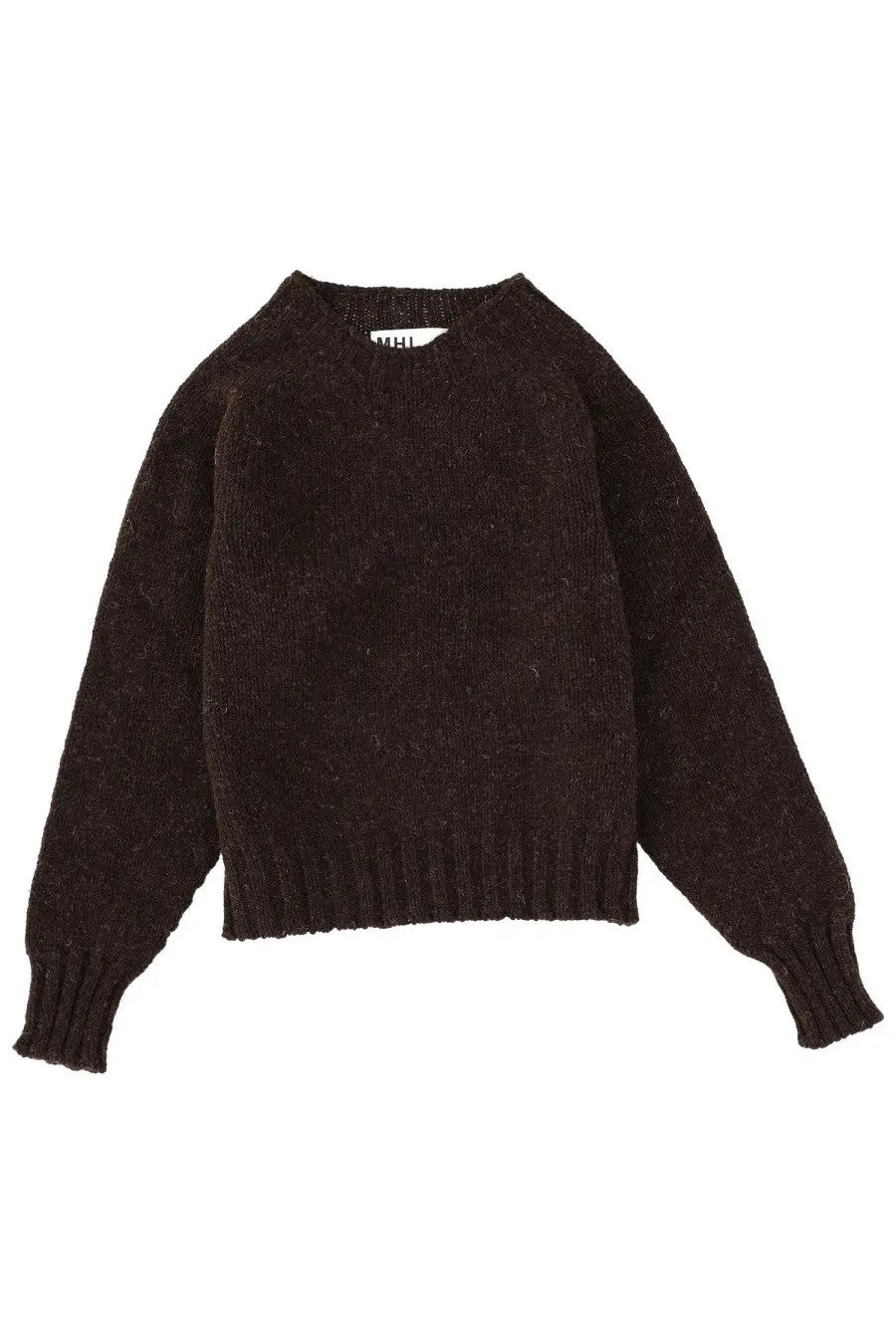 Margaret Howell women’s dark brown textured knit sweater with ribbed cuffs and hem in mhl brown