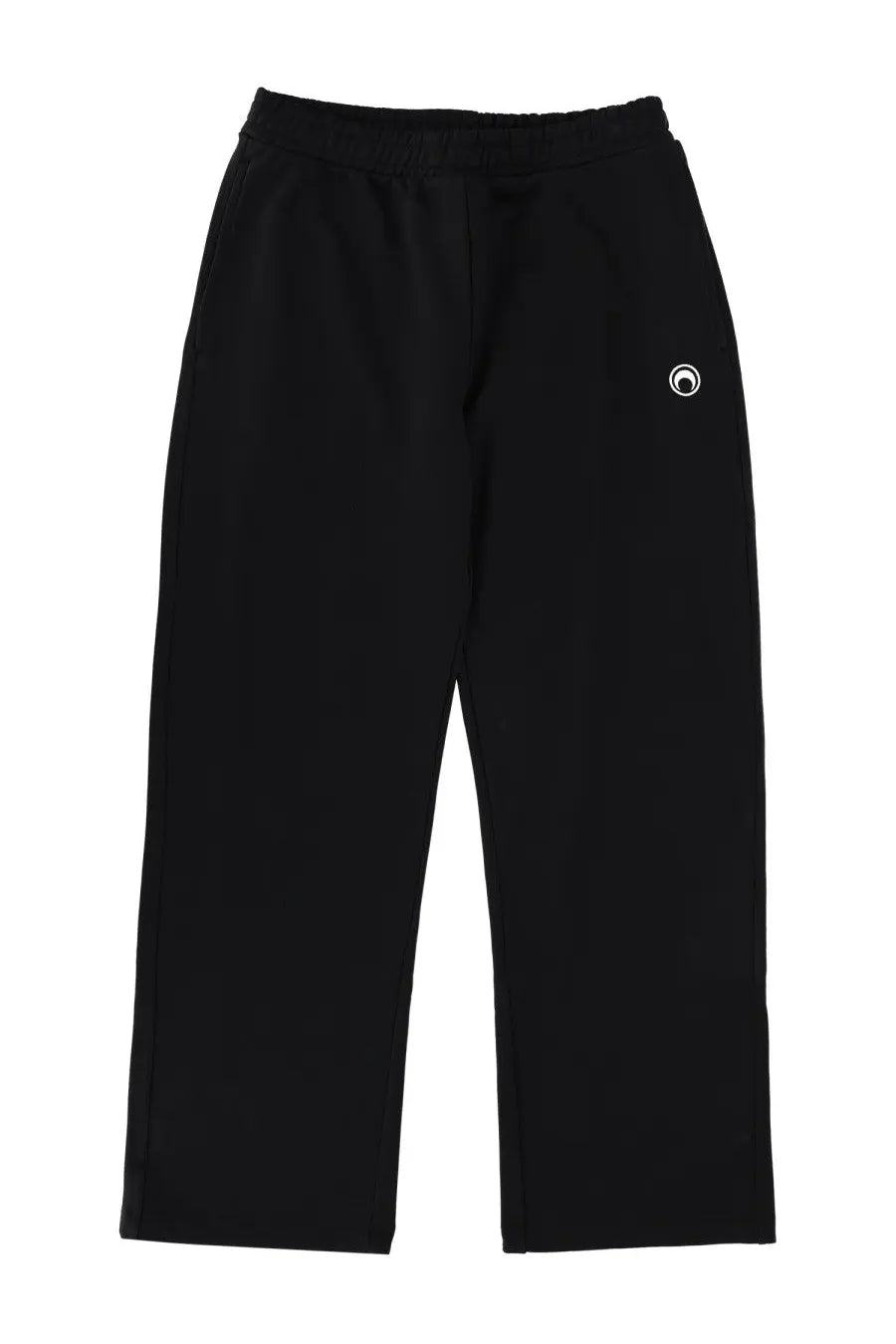 Black marine serre men’s jogger pants with elastic waistband and white circular logo on upper left leg