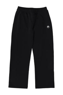 Black marine serre men’s jogger pants with elastic waistband and white circular logo on upper left leg