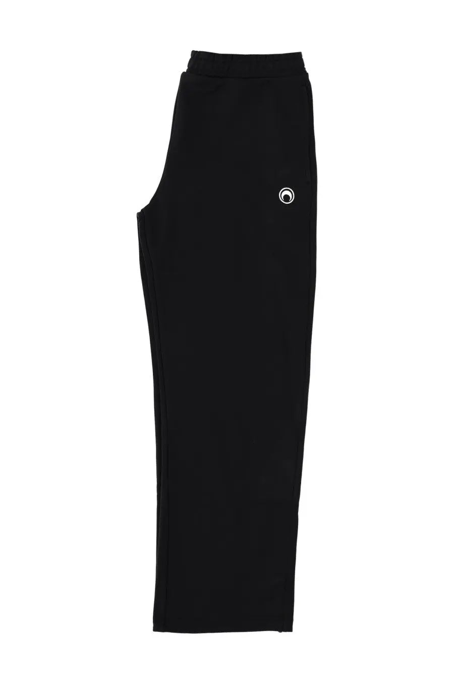 Marine Serre men’s black jogger pants with a white circular logo on the upper left thigh, comfortable sweatpants design