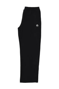 Marine Serre men’s black jogger pants with a white circular logo on the upper left thigh, comfortable sweatpants design