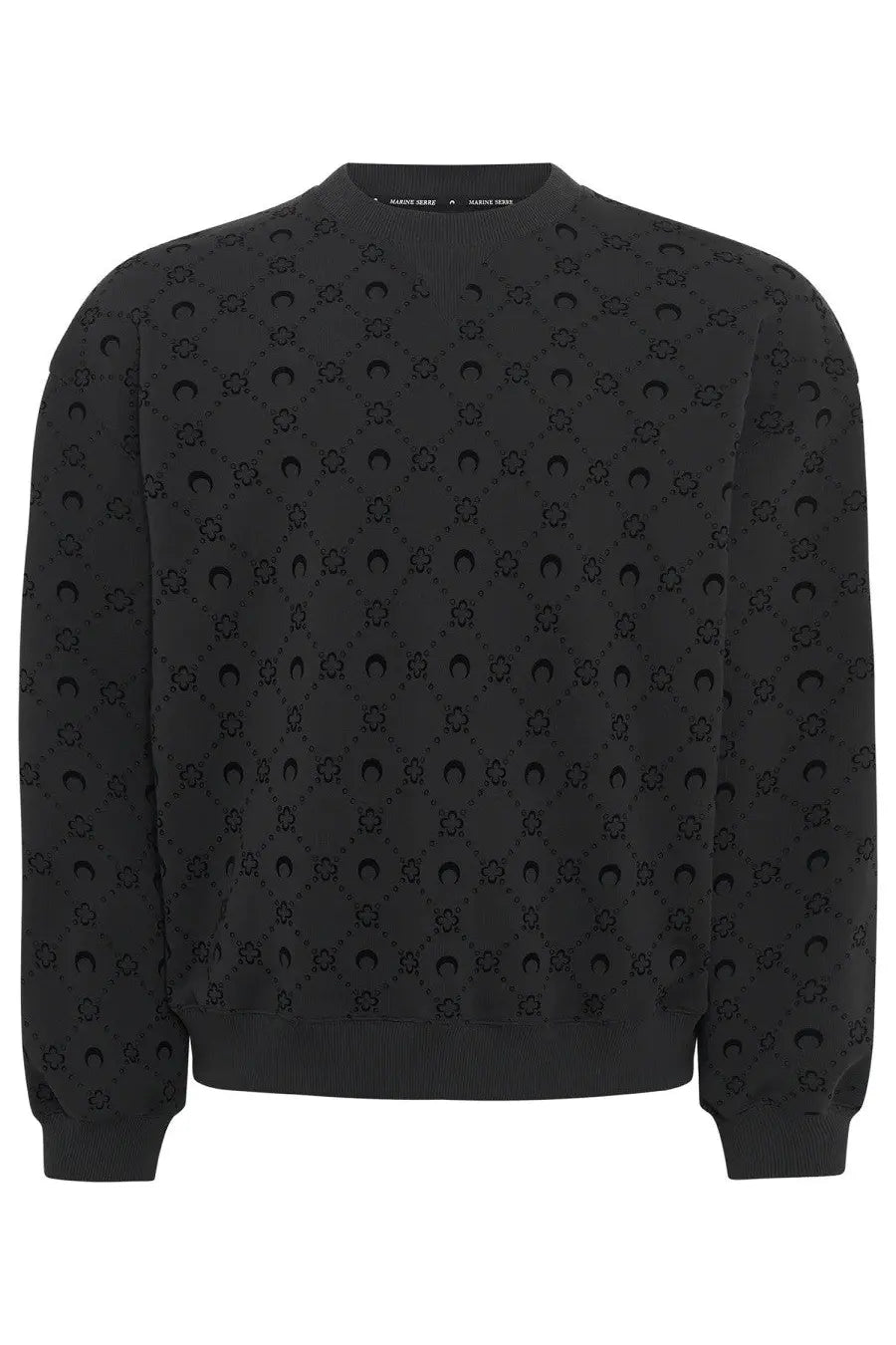 Black knit marine serre men’s monogram sweatshirt with embossed horseshoe and floral motifs all over the garment
