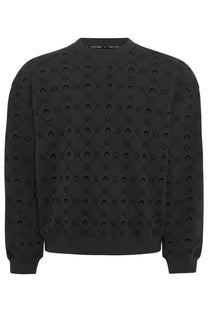 Black knit marine serre men’s monogram sweatshirt with embossed horseshoe and floral motifs all over the garment
