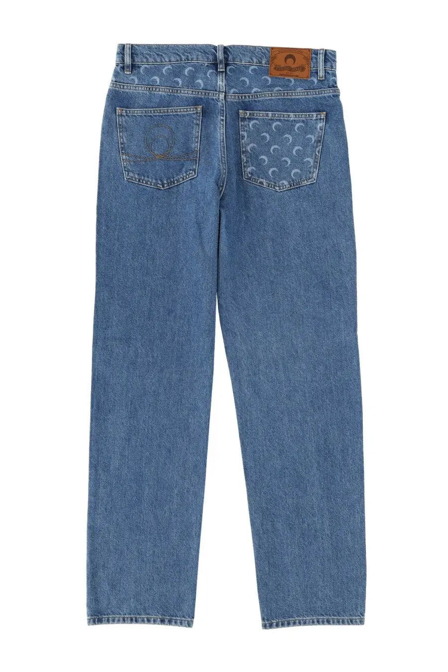 Back side of marine serre men’s blue waxed denim jeans with subtle crescent moon pattern and brown leather patch