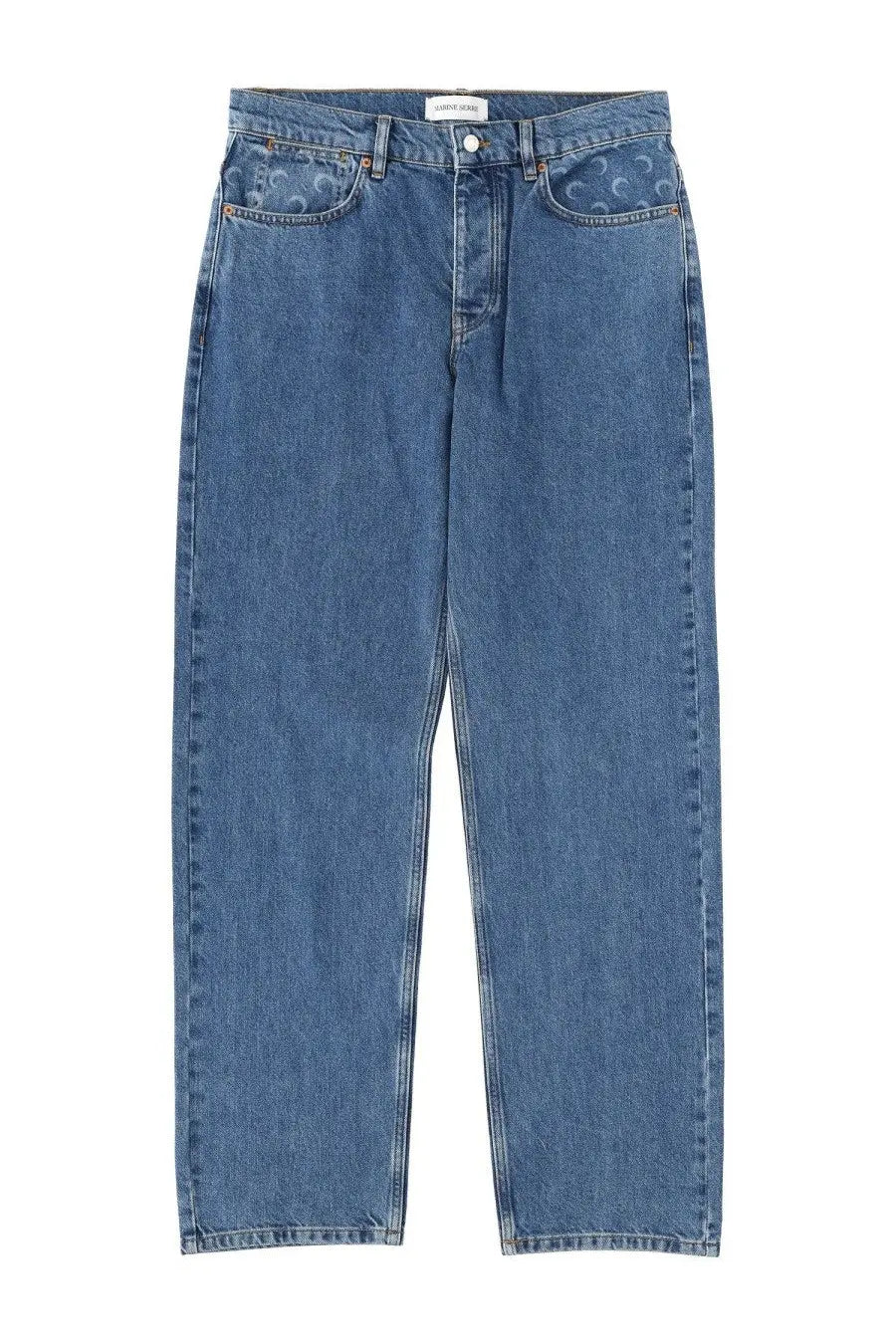 Marine serre men’s moon waxed jeans blue featuring blue denim with subtle embroidered pattern on front pockets
