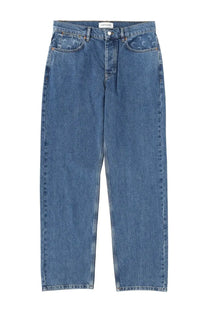 Marine serre men’s moon waxed jeans blue featuring blue denim with subtle embroidered pattern on front pockets