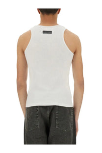 Marine serre men’s white ribbed tank top showing the back with a black marine serre label