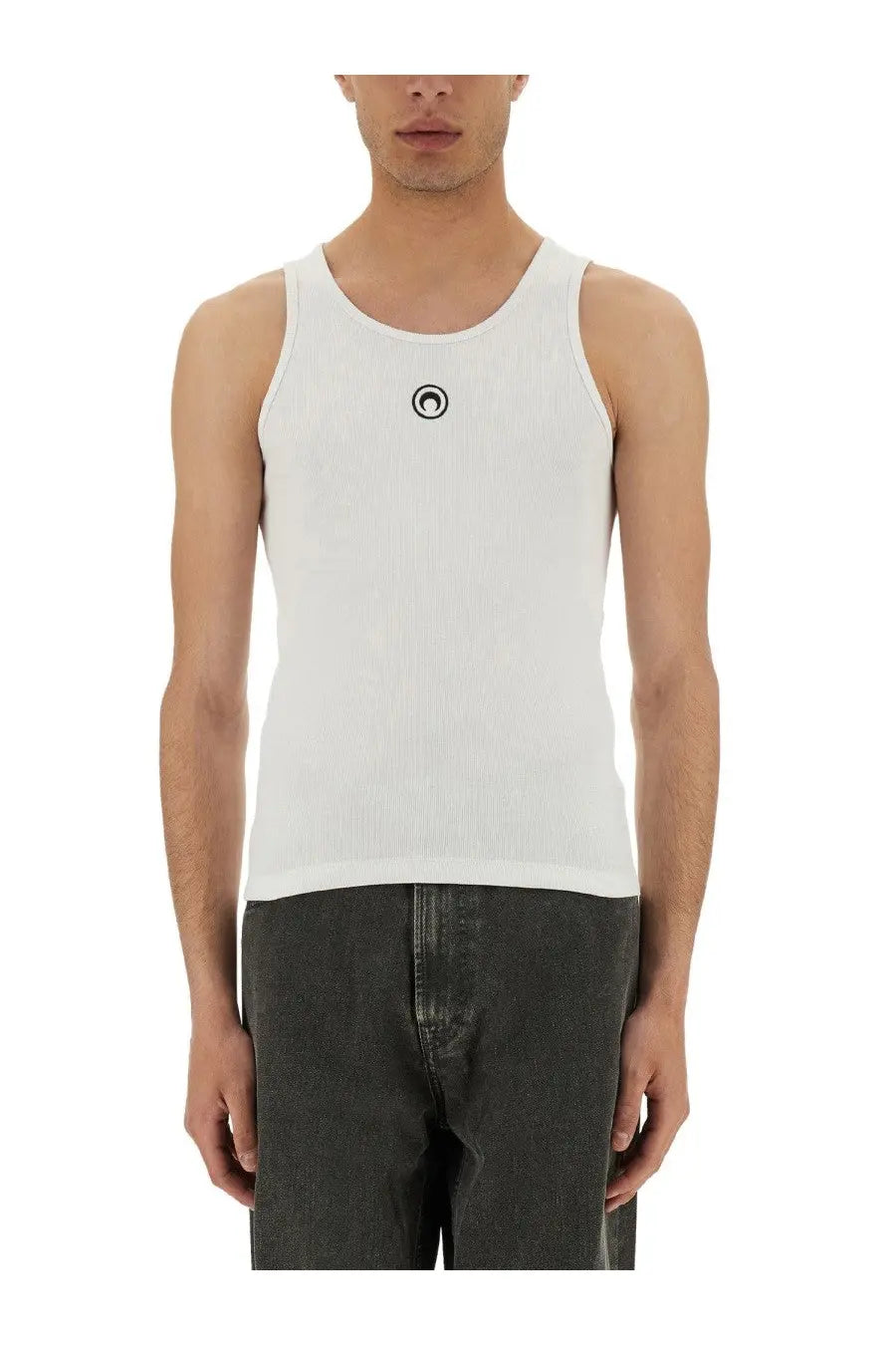 Marine Serre men’s white ribbed tank top with small black circular logo on chest in soft stretch fabric