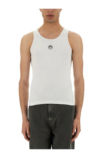 Marine Serre men’s white ribbed tank top with small black circular logo on chest in soft stretch fabric