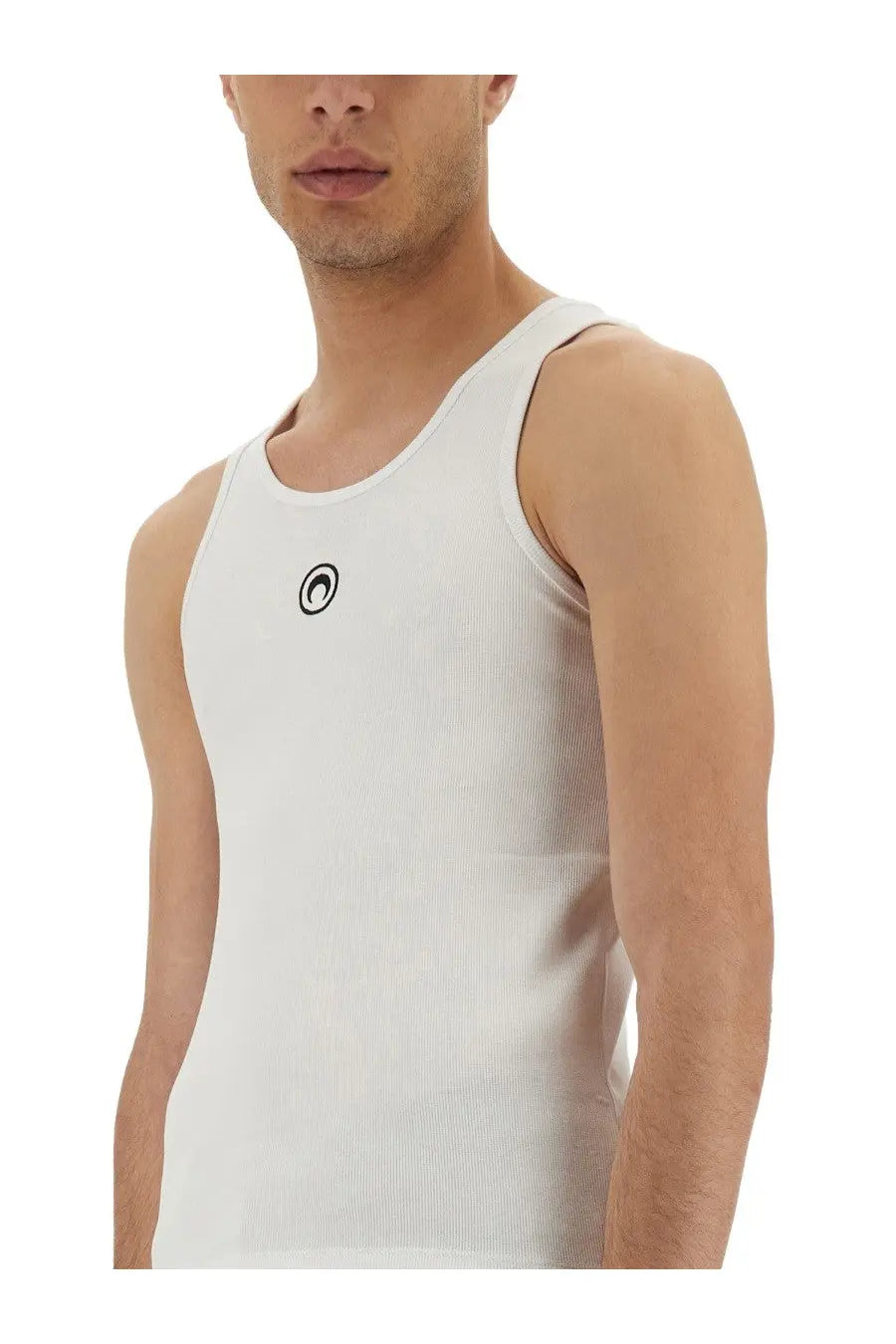 Marine Serre men’s white ribbed tank top featuring a black circular logo on the chest in soft fabric