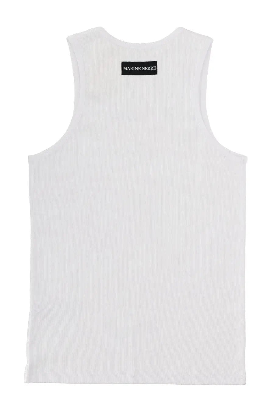 White sleeveless marine serre men’s ribbed tank top showing the back with black label detail
