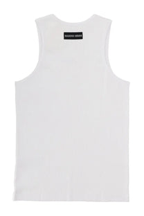 White sleeveless marine serre men’s ribbed tank top showing the back with black label detail