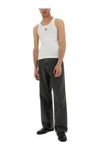 Marine Serre men’s white ribbed sleeveless tank top with a small black circular logo on the chest
