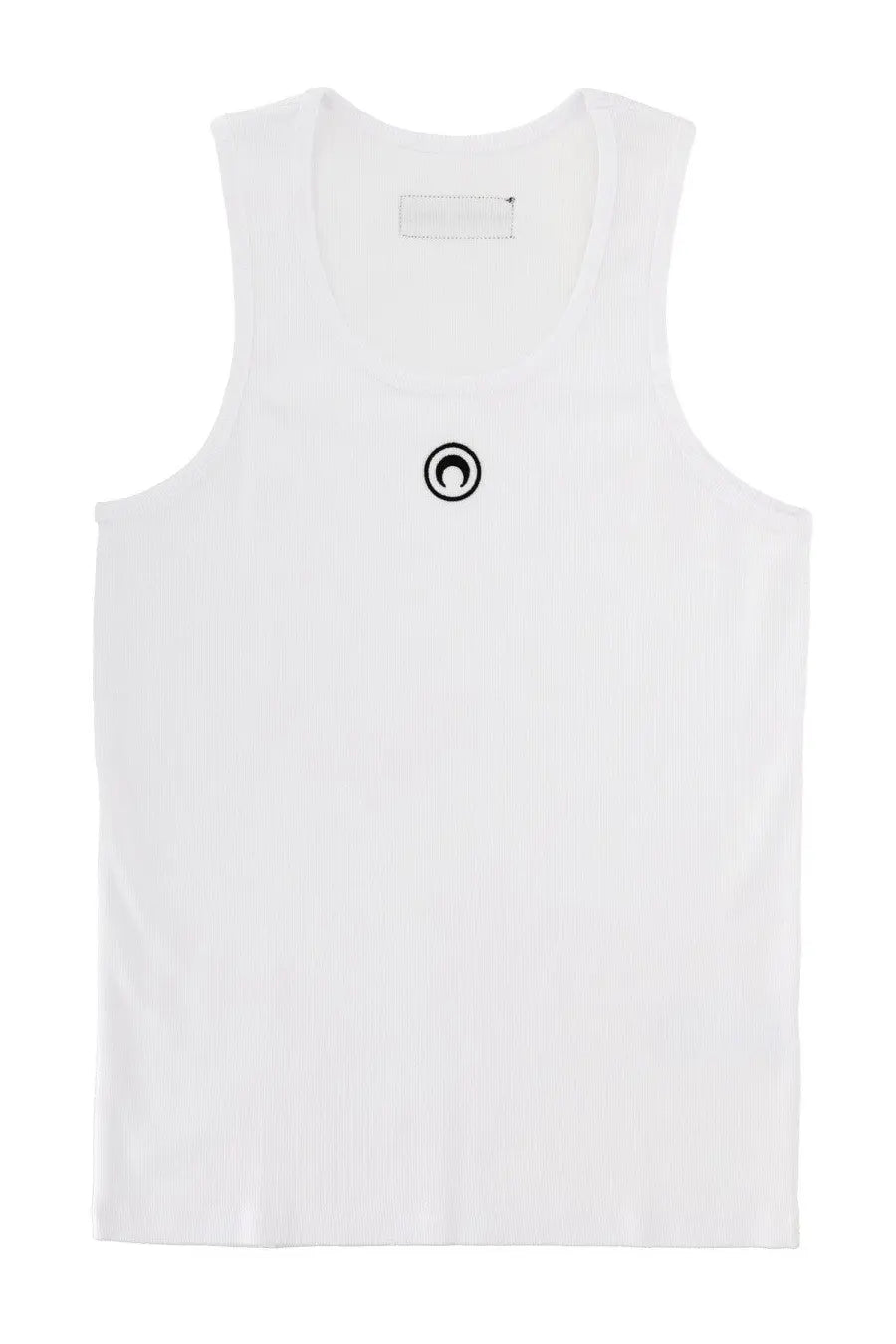 Marine serre men’s white sleeveless ribbed tank top with small black circular logo embroidered on chest