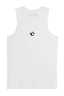 Marine serre men’s white sleeveless ribbed tank top with small black circular logo embroidered on chest