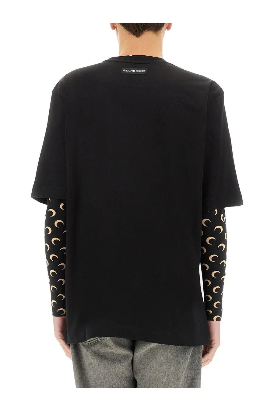 Marine serre men’s black jersey t-shirt with gold crescent moon pattern on the sleeves