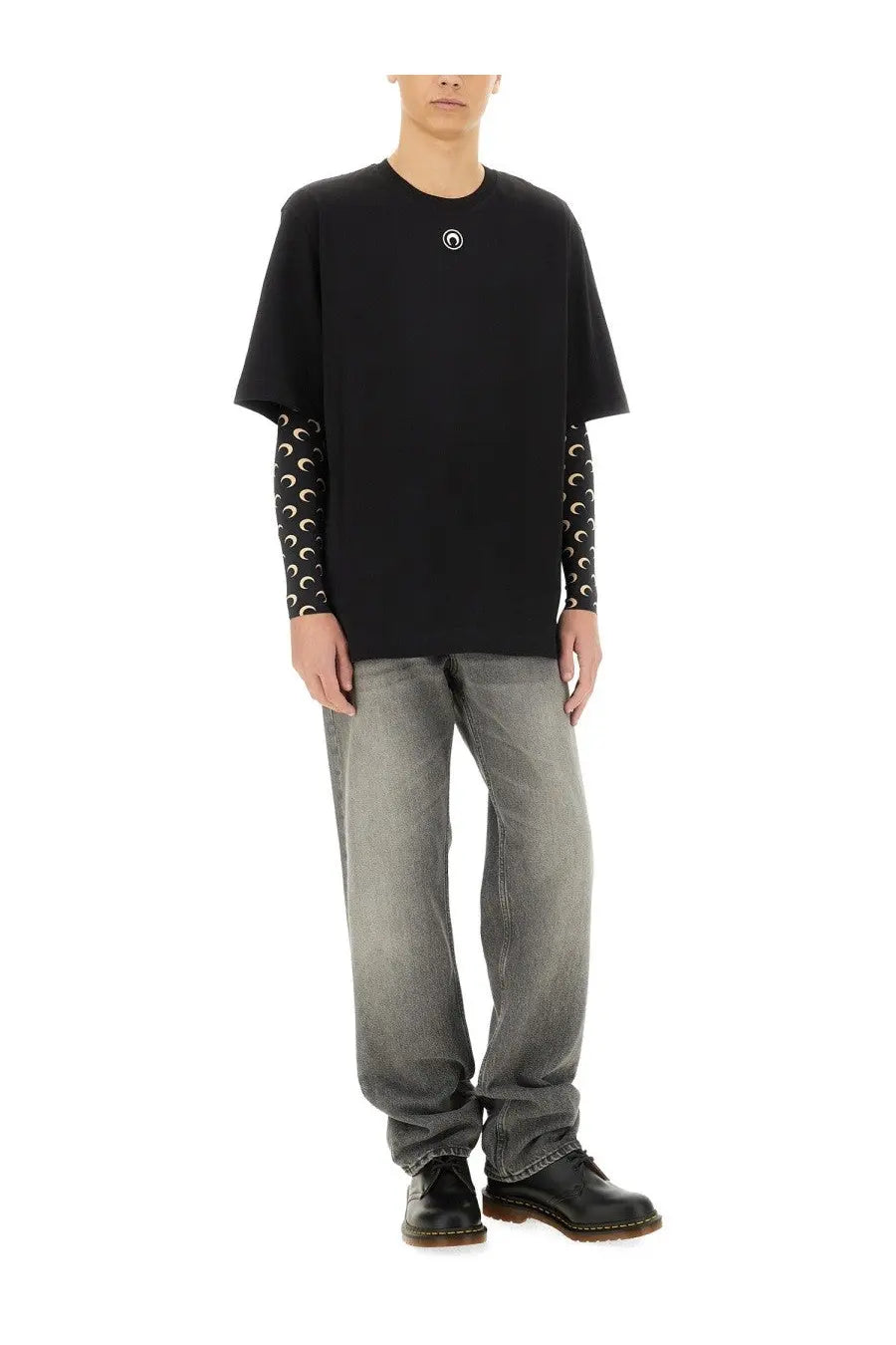 Marine Serre men’s black oversized jersey t-shirt with small white circular logo and patterned long sleeves underneath