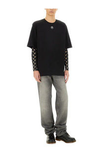 Marine Serre men’s black oversized jersey t-shirt with small white circular logo and patterned long sleeves underneath