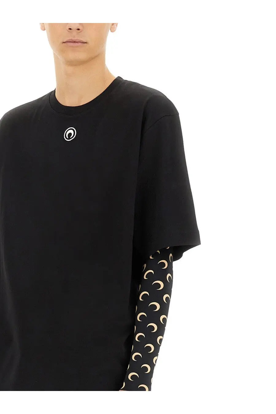 Marine Serre men’s black jersey oversized t-shirt with small white logo and long-sleeve undershirt with cream moons