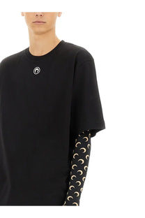 Marine Serre men’s black jersey oversized t-shirt with small white logo and long-sleeve undershirt with cream moons