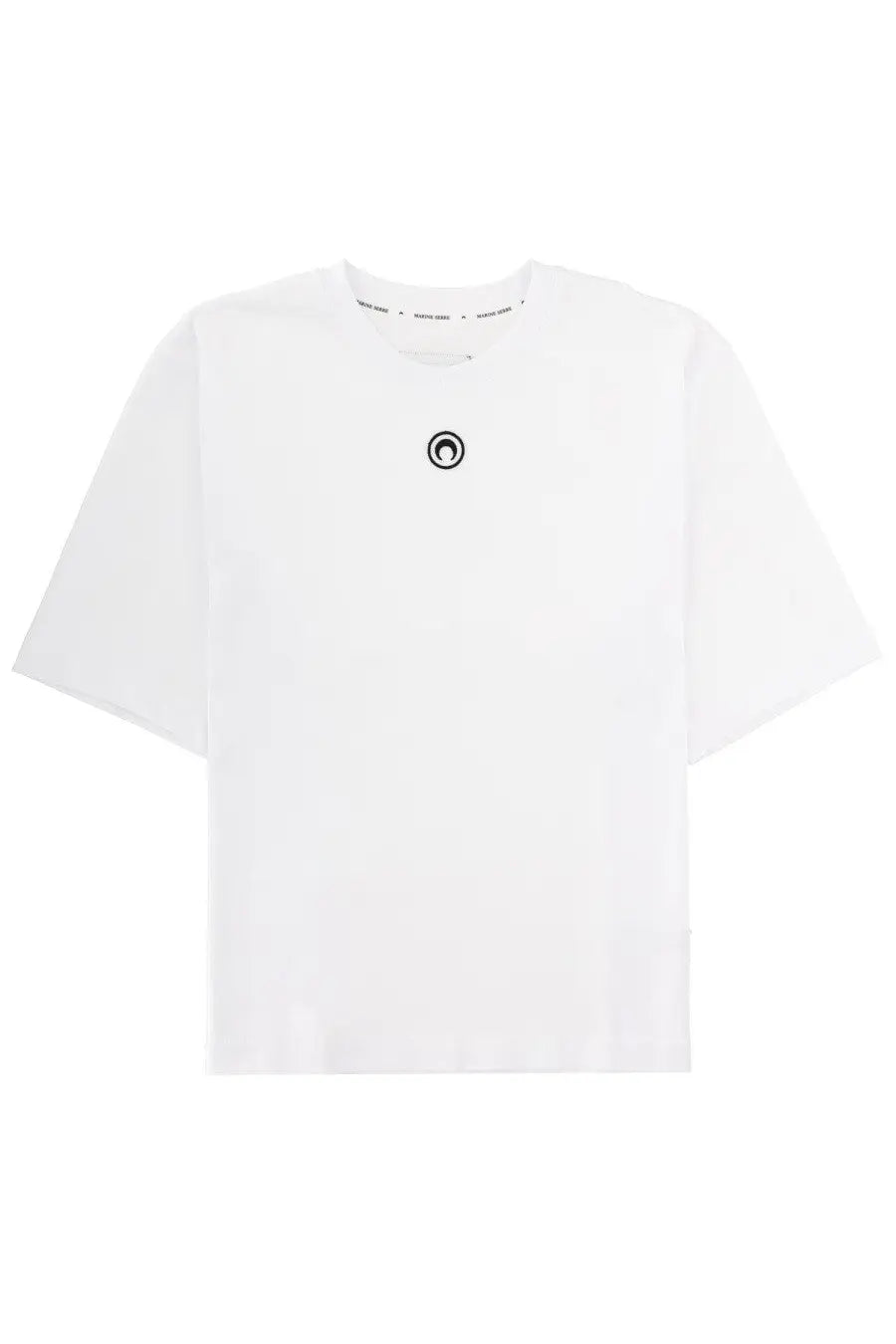 Marine serre men’s white cropped jersey t-shirt with small black circular logo on the chest