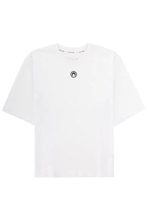 Marine serre men’s white cropped jersey t-shirt with small black circular logo on the chest
