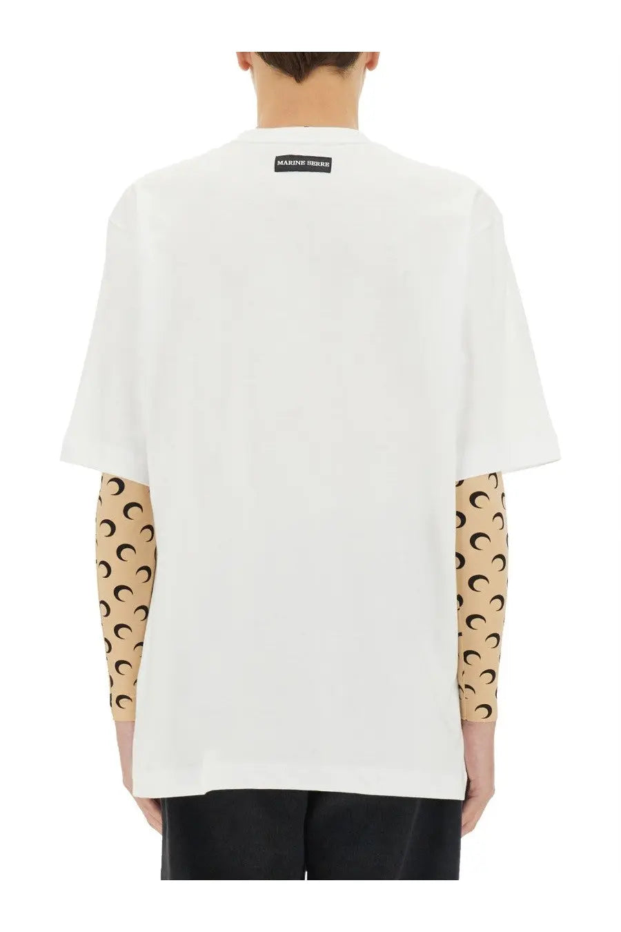Marine Serre men’s white jersey t-shirt with beige crescent moon sleeves and black label at the neckline