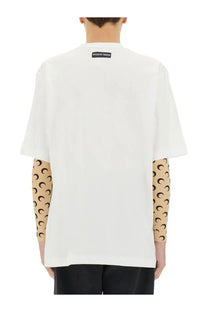 Marine Serre men’s white jersey t-shirt with beige crescent moon sleeves and black label at the neckline