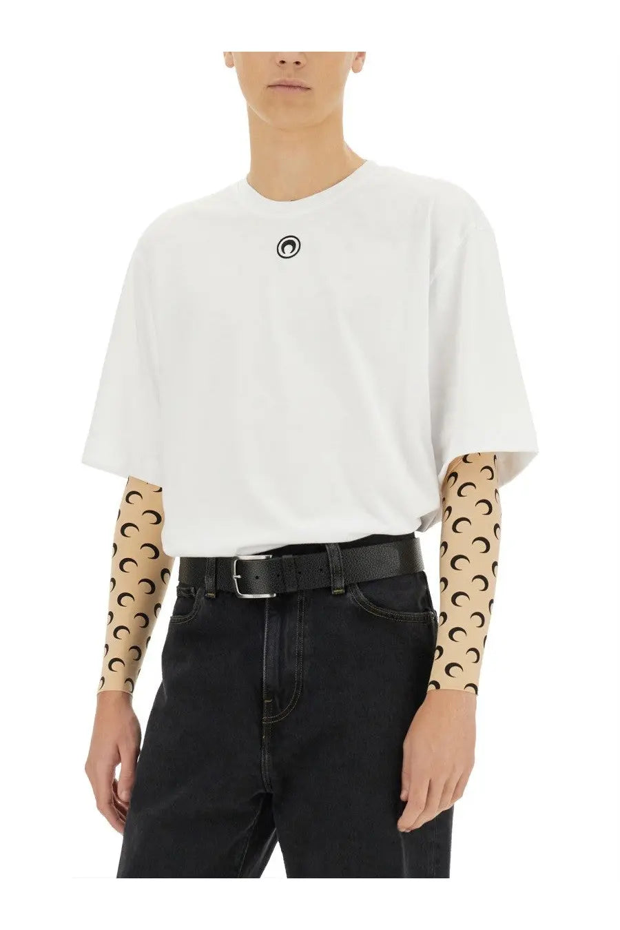 Marine Serre men’s white oversized jersey t-shirt with small black chest logo and beige patterned arm sleeves underneath