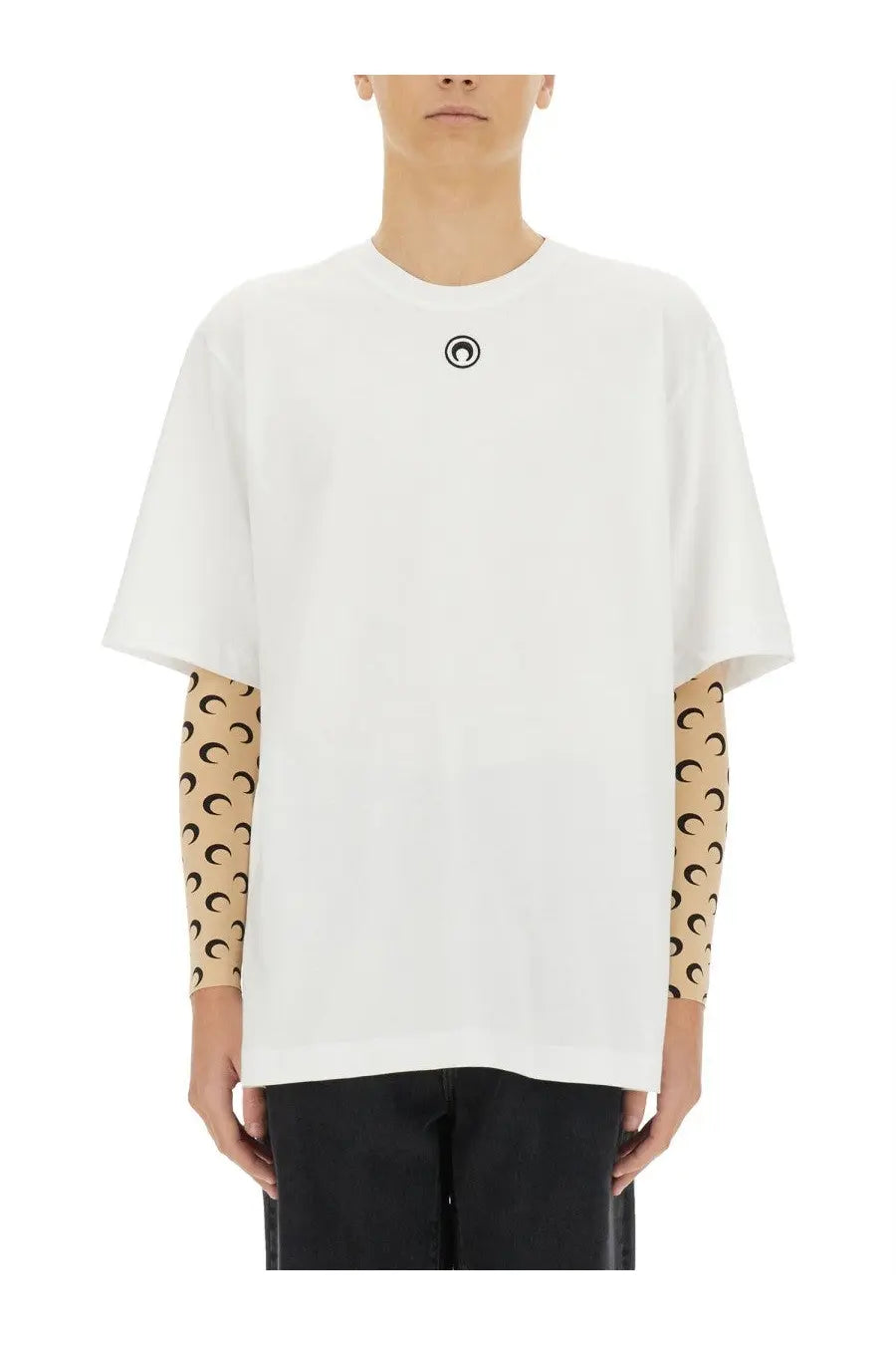 Marine serre men’s white jersey oversized t-shirt with small black chest logo and beige patterned arm sleeves underneath