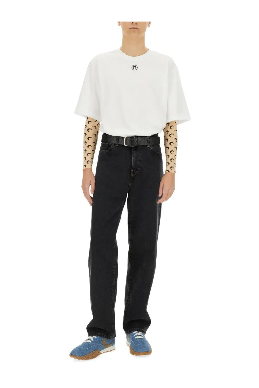 White oversized marine serre men’s jersey t-shirt with small black circular logo on the chest