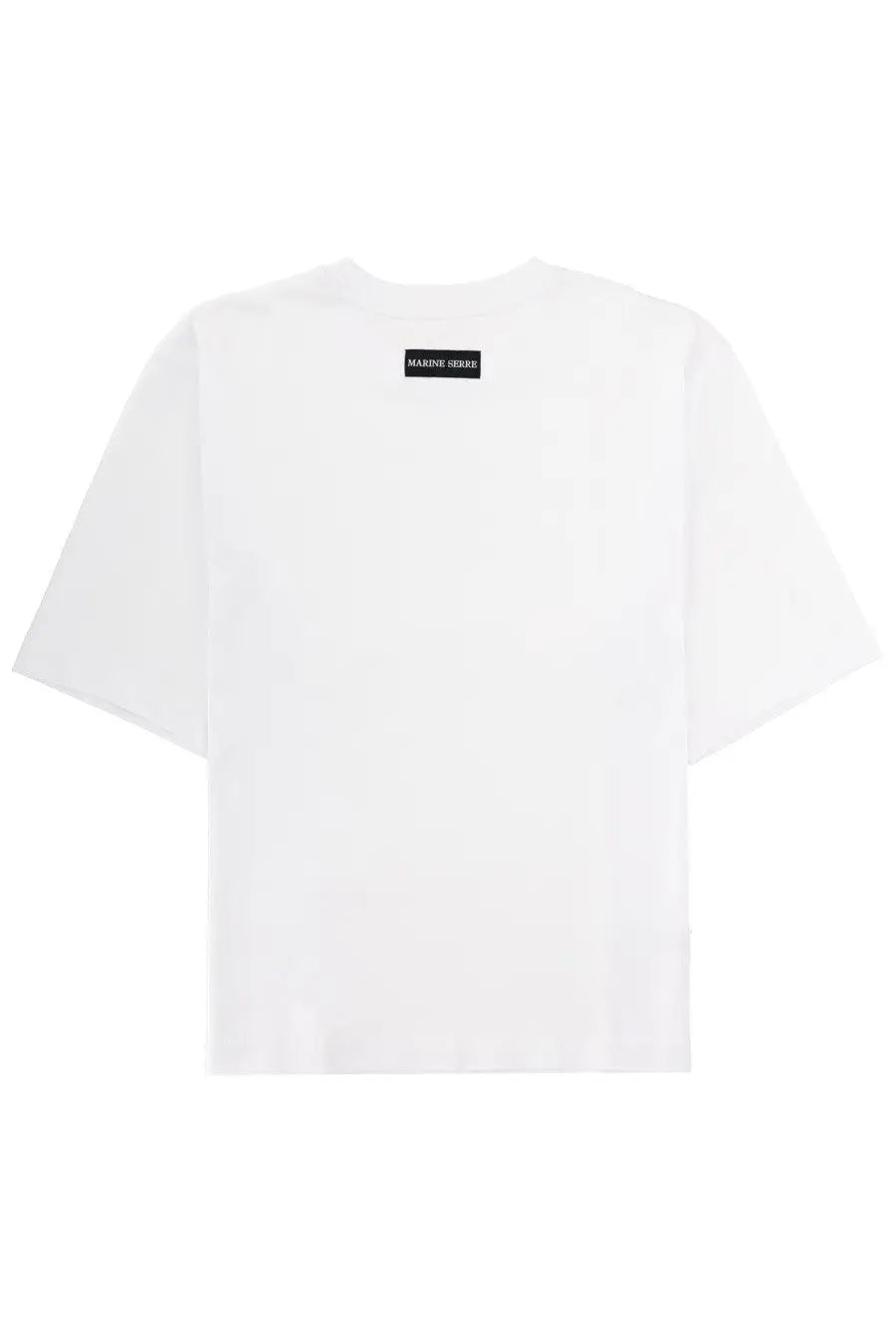 White marine serre men’s jersey t-shirt with minimalist design and small black label at the back of the neck seen from behind