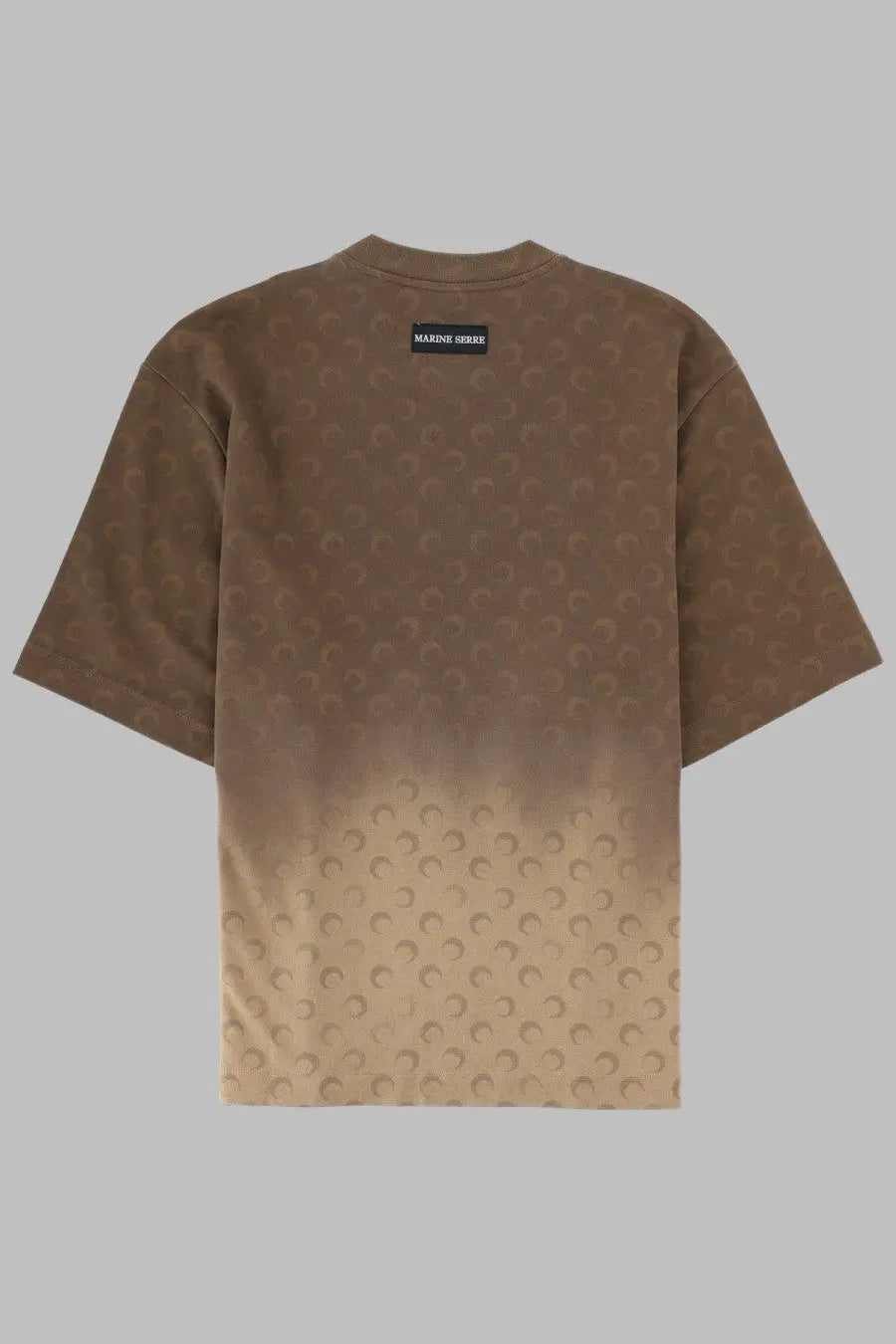 Marine Serre men’s brown gradient t-shirt with embossed crescent moon pattern and black marni label at neckline