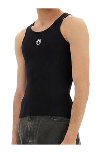 Marine Serre men’s black ribbed knit tank top with small white circular logo on the chest for casual wear