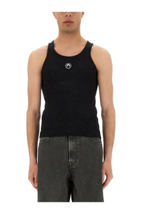 Marine serre men’s black ribbed tank top featuring a minimalist white circular logo at the chest