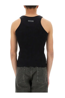 Black ribbed marine serre men’s tank top with small rectangular label at back neckline made of cotton blend