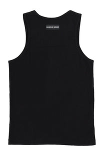 Black marine serre men’s sleeveless tank top with small rectangular label at the back neckline for casual wear