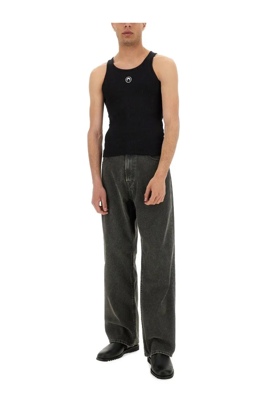 Marine Serre men’s black sleeveless tank top with small white circular moon logo on chest perfect for casual wear
