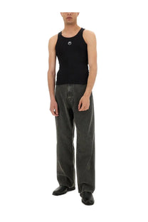 Marine serre men’s black sleeveless cotton tank top with small white circular moon logo on the chest