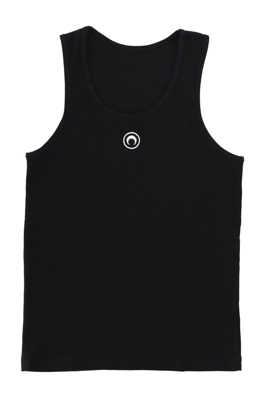 Marine Serre men’s black sleeveless tank top with a small white circular embroidered logo on the upper chest